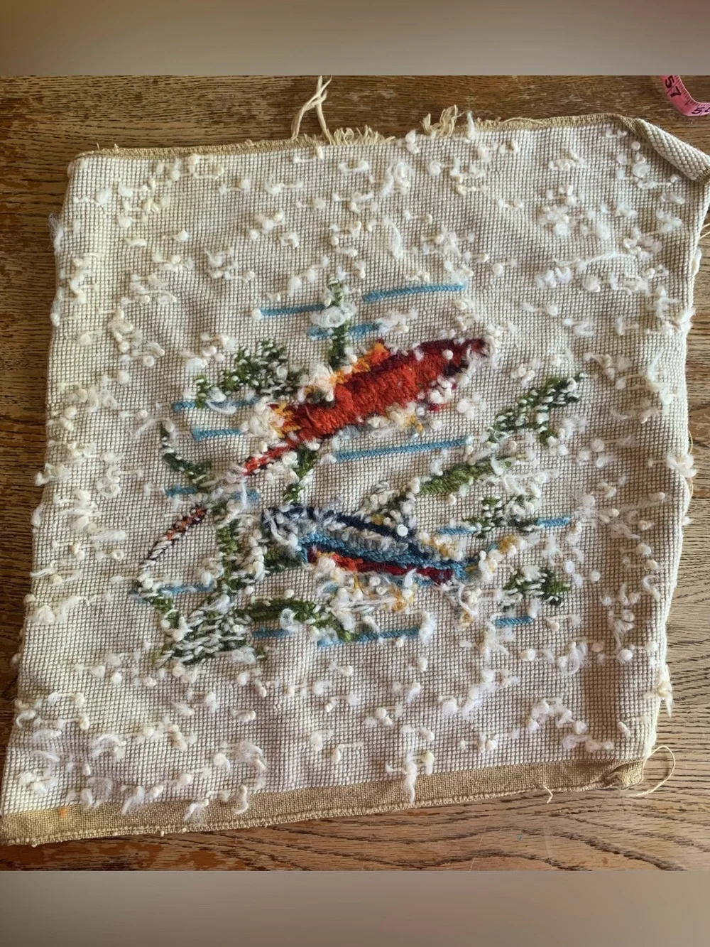 Handmade Needlepoint Fish Fiber Art in Orange and Blue Vintage